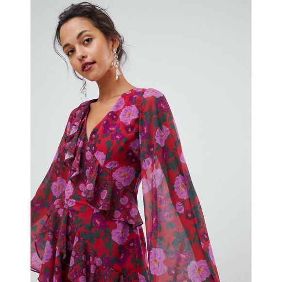 Keepsake The Label Waves Flare Sleeve Ruffle Dress Pomegranate Floral Size Small - Picture 12 of 14